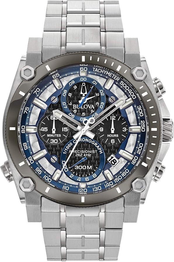 Bulova Mens Precisionist Stainless Steel Carbon Fiber Black&Blue Accents WR300