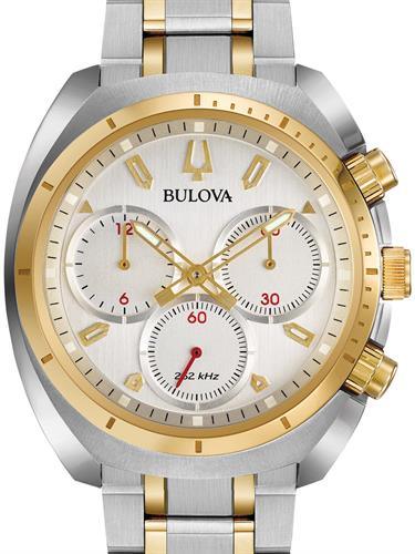 Bulova Mens Watch Curv Chrono Stainless Steel White GP/ Two-Tone Strap WR 30