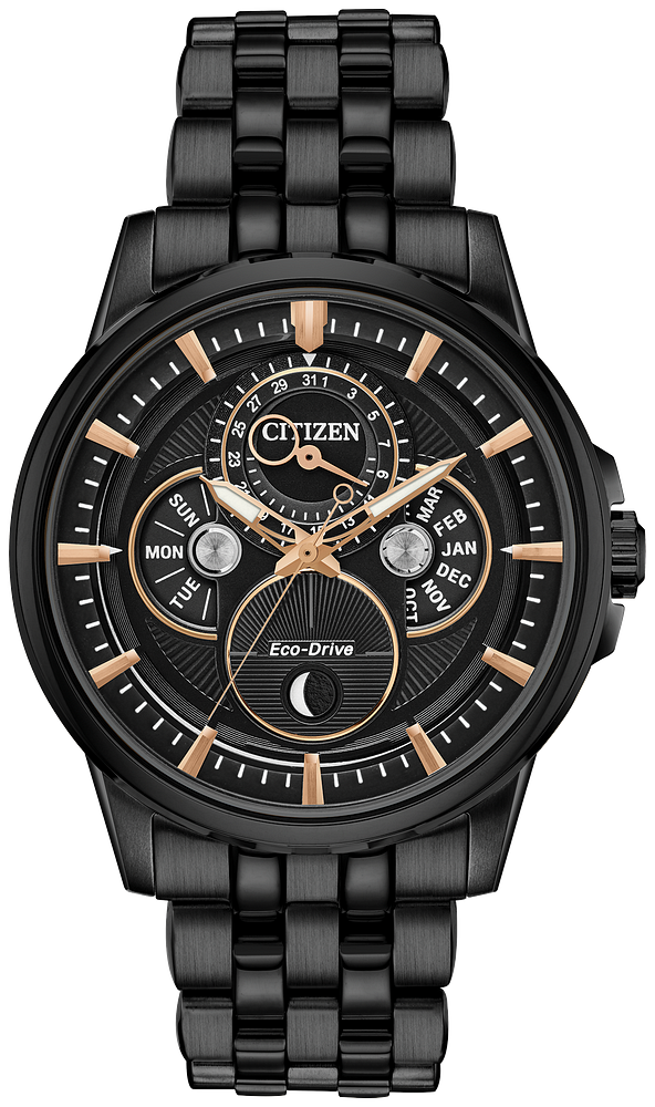 Citizen Mens Eco-Drive Calendrier Classic Gray Stainless Steel Case, Black Stainless Steel Bracelet, Black Dial, WR 100M