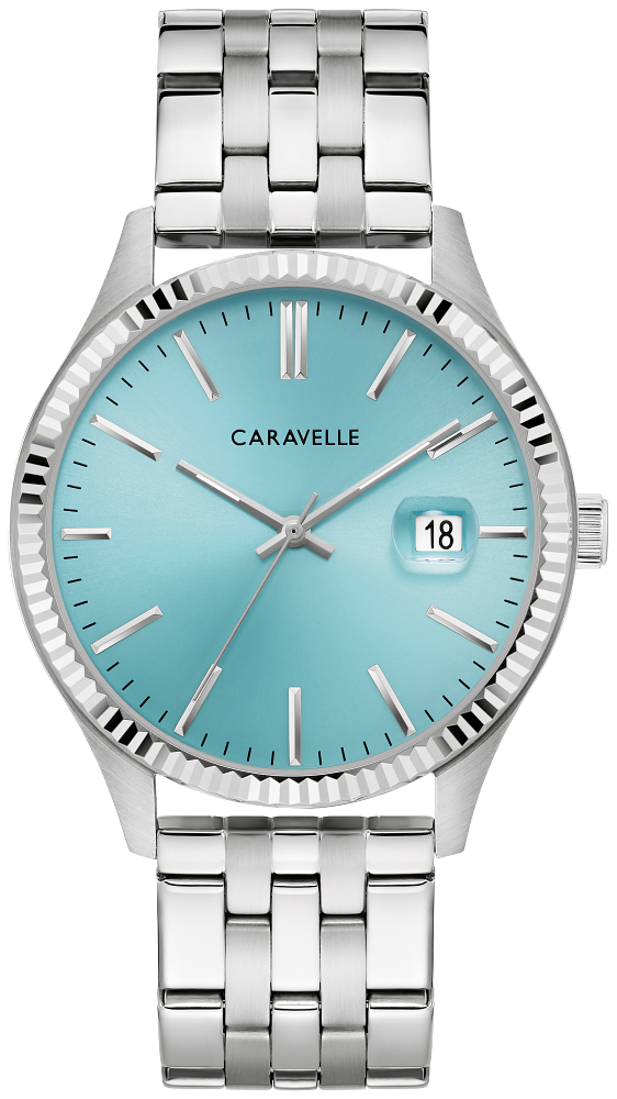 Bulova Mens Caravelle Dress Silver-Tone Stainless Steel Case, Silver-Tone Stainless Steel Bracelet, Aqua Dial, WR 30M