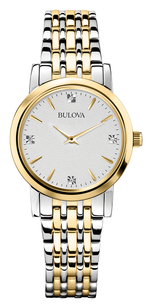 Bulova Ladies Classic Two-Tone Stainless Steel Case, Two-Tone Stainless Steel Bracelet, Silver-White Dial, WR 30M