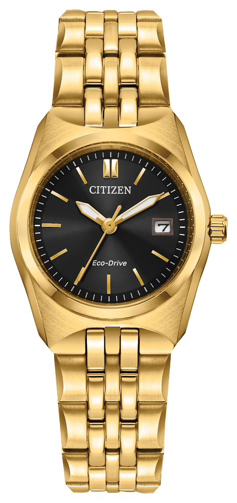 Citizen Ladies Eco-Drive Corso Dress/Classic Gold-Tone Stainless Steel Case, Gold-Tone Stainless Steel Bracelet, Black Dial, WR 100M