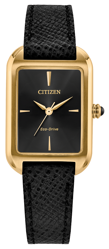Citizen Ladies Eco-Drive Dress Classic Gold-Tone Stainless Steel Case, Black Leather Strap, Black Dial, WR 30M