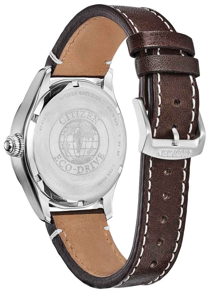 Citizen Mens Eco-Drive Garrison Sport Casual Silver-Tone Stainless Steel Case, Brown Leather Strap, Green Dial, WR 100M