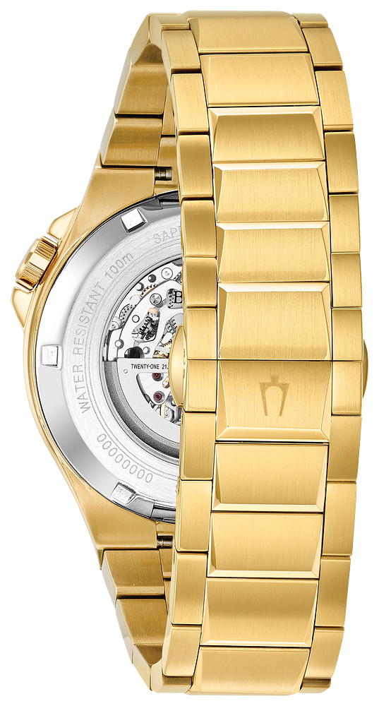 Bulova Mens Automatic Maquina Gold-Tone Stainless Steel Case, Gold-Tone Stainless Steel Bracelet, Black Dial, WR 100M