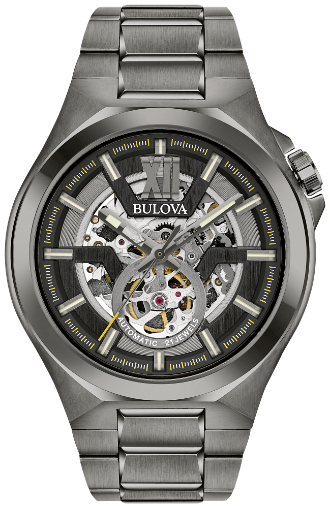 Bulova Mens Automatic Maquina Gray Stainless Steel Case, Gray Stainless Steel Bracelet, Black Dial, WR 100M