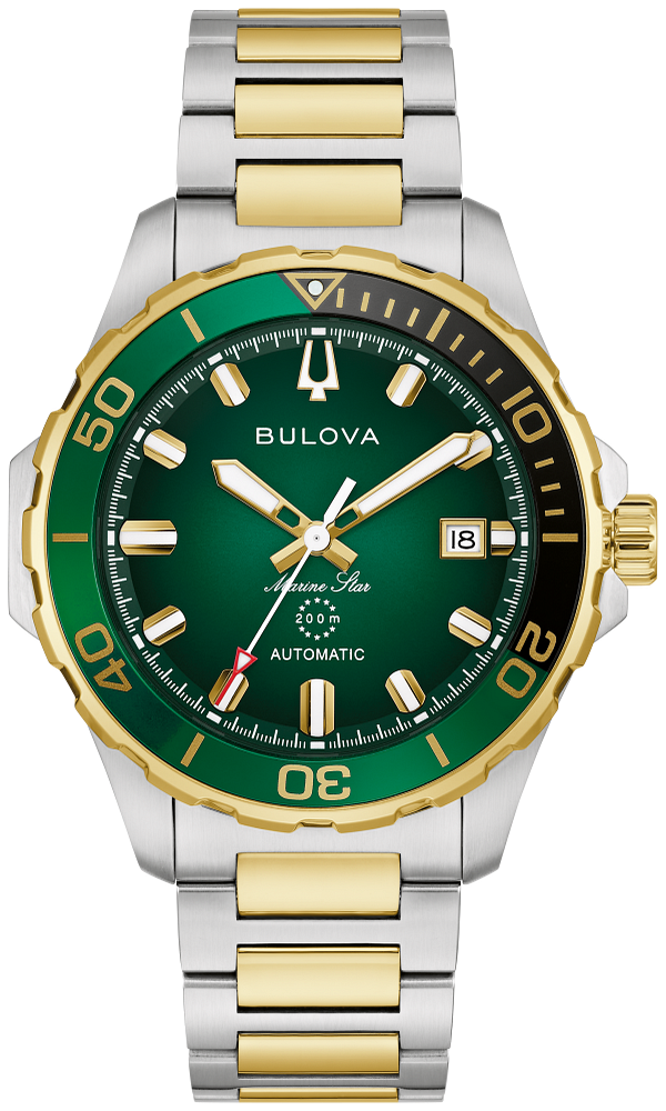 Bulova Mens Marine Star Series B Two-Tone Stainless Steel Case, Two-Tone Stainless Steel Bracelet, Green Dial, WR 200M
