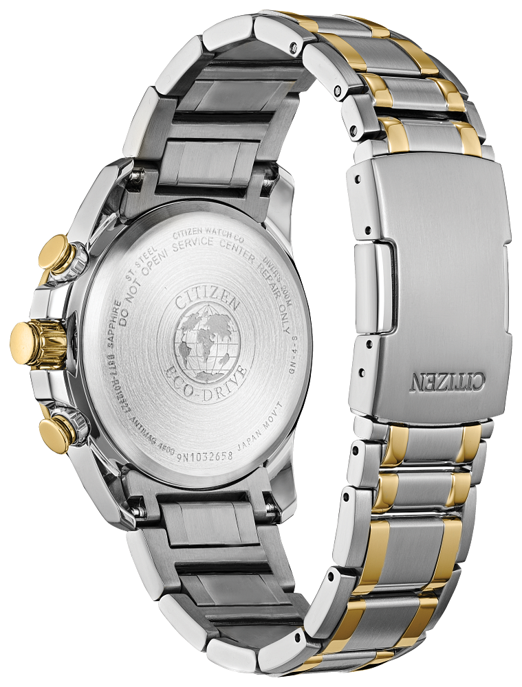 Citizen Mens Eco-Drive PCAT Atomic Timekeeping Two-Tone Stainless Steel Case, Two-Tone Stainless Steel Bracelet, Black Dial, WR 200M