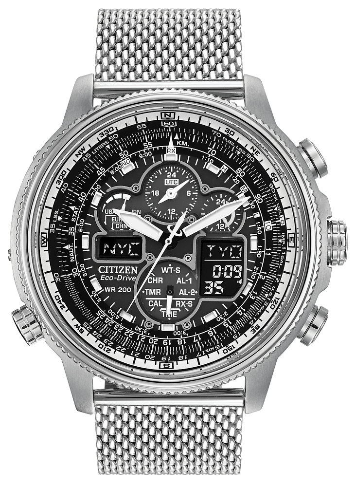 Citizen Mens Eco-Drive Promaster Navihawk A-T Silver-Tone Stainless Steel Case, Silver-Tone Stainless Steel Bracelet, Black Dial, WR 200M
