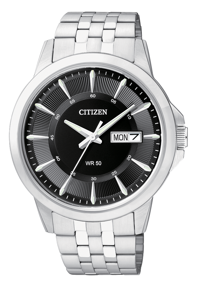 Citizen Mens Quartz Silver-Tone Stainless Steel Case, Silver-Tone Stainless Steel Bracelet, Black Dial, WR 50M