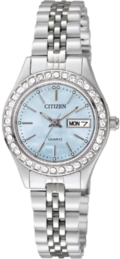 Citizen Ladies Quartz Silver-Tone Stainless Steel Case, Silver-Tone Stainless Steel Bracelet, Blue Mother of Pearl Dial, WR 30M