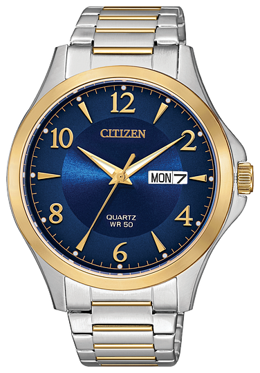 Citizen Mens Quartz Two-Tone Stainless Steel Case, Two-Tone Stainless Steel Bracelet, Blue Dial, WR 50M