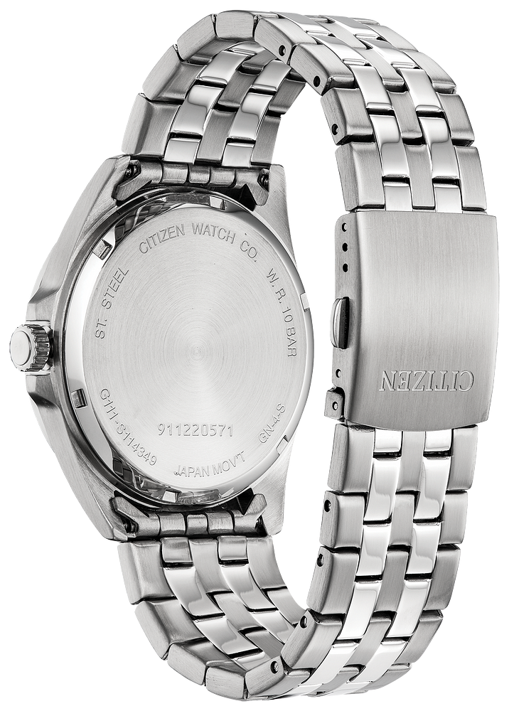 Citizen Mens Quartz Silver-Tone Stainless Steel Case, Silver-Tone Stainless Steel Bracelet, Black Dial, WR 100M