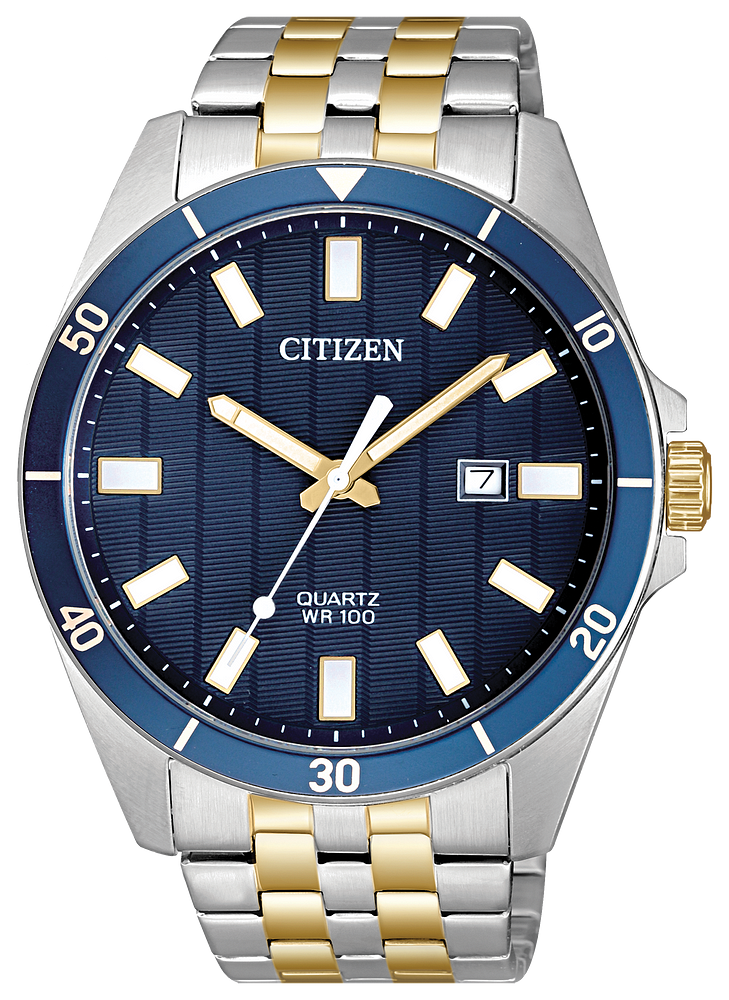 Citizen Mens Quartz Two-Tone Stainless Steel Case, Two-Tone Stainless Steel Bracelet, Blue Dial, WR 100M