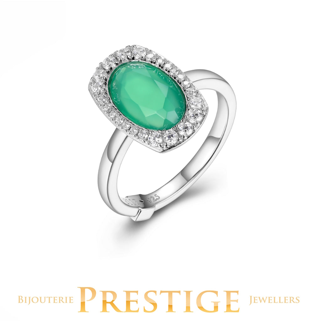 ELLE "AUREOLE" RHODIUM PLATED GENUINE  OVAL CHRYSOPRASE 11X7MM & CUBIC ZIRCONIA RING
