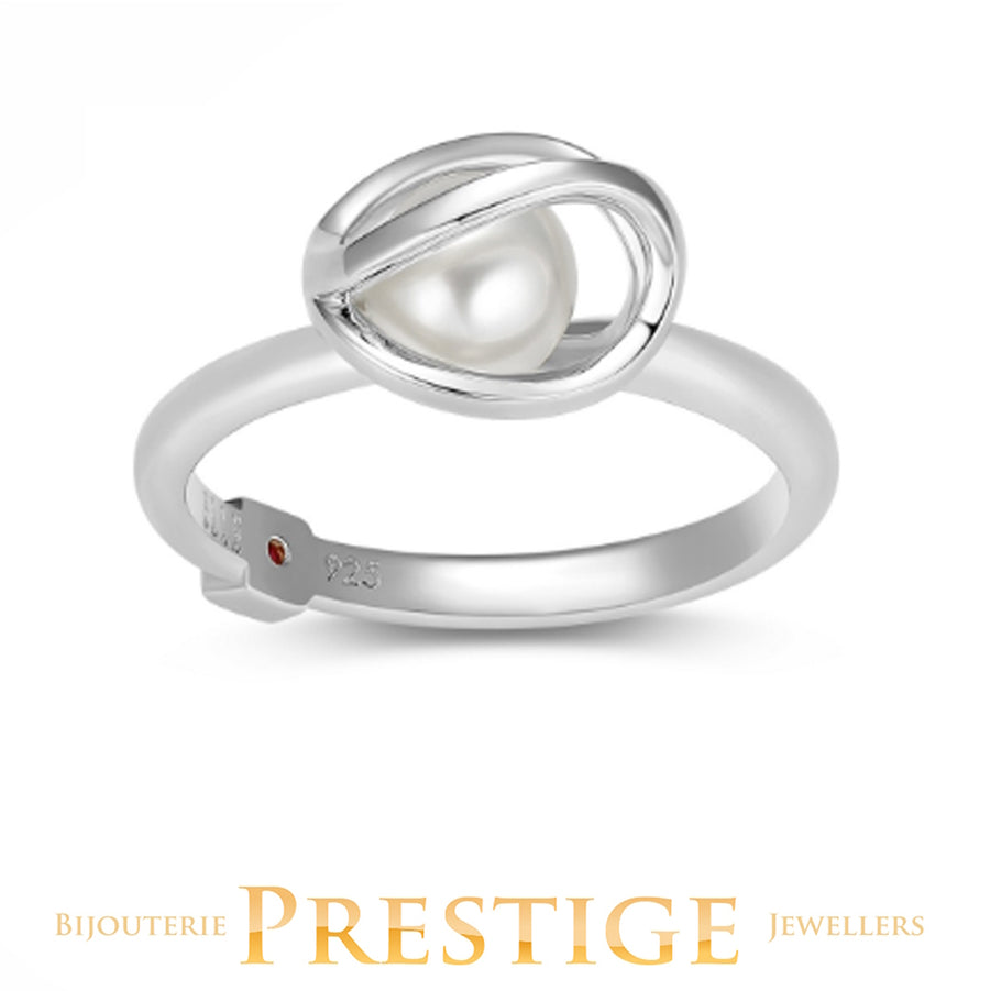 ELLE "LUNA" RHODIUM PLATED CAGE WITH GENUINE 6-6.5MM WHITE PEARL RING