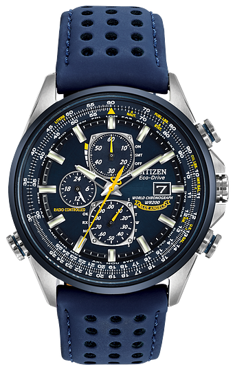 Citizen Mens Eco-Drive World Chronograph A-T Blue Angels Two-Tone Stainless Steel Case, Blue Polyurethane Coated Leather Strap, Blue Dial, WR 200M