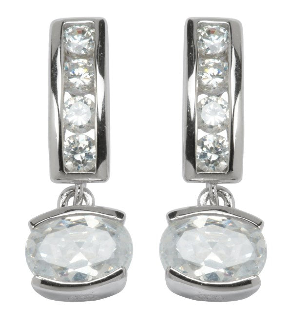 Sterling Silver Rhodium Plated Oval Drop Cubic Zirconia Earring.  Stone size: 7x5(mm)