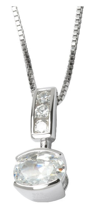 Sterling Silver Rhodium Plated Oval Cubic Zirconia Drop Pendant with Box Chain 18".  Stone size:  7x5(mm)