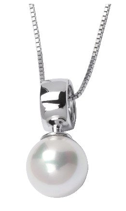 Sterling Silver Rhodium Plated Genuine Pearl Shell Pendant with Box Chain 18".  Stone size: 10(mm)
