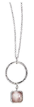 Sterling Silver Rhodium Plated Genuine Pink Mother of Pearl and White Crystal Doublet Circle Necklace 16" with 2" extender.  Stone size: 11(mm)