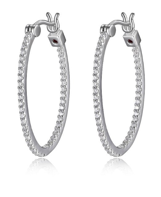 Rhodium Plated Sterling Silver Cubic Zirconia Inside Out 30x20MM Round Hoop Earring